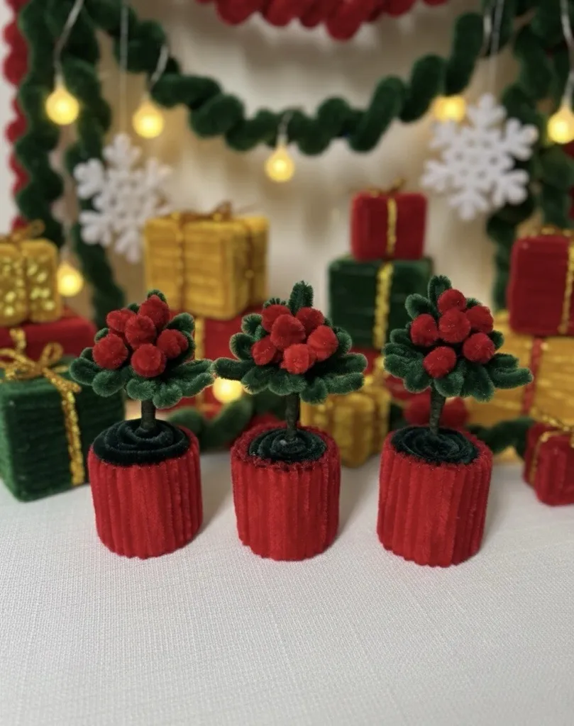 Kırmızı Şönil Saksıda Kokina Çiçeği Yılbaşı Dekoratif Set 3 Adet