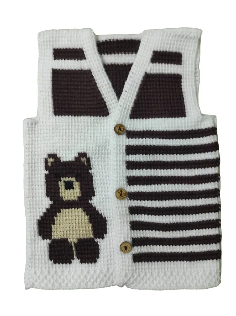 Kahverengi Ayıcık Desenli Tunus İşi Örgü Bebek Yeleği