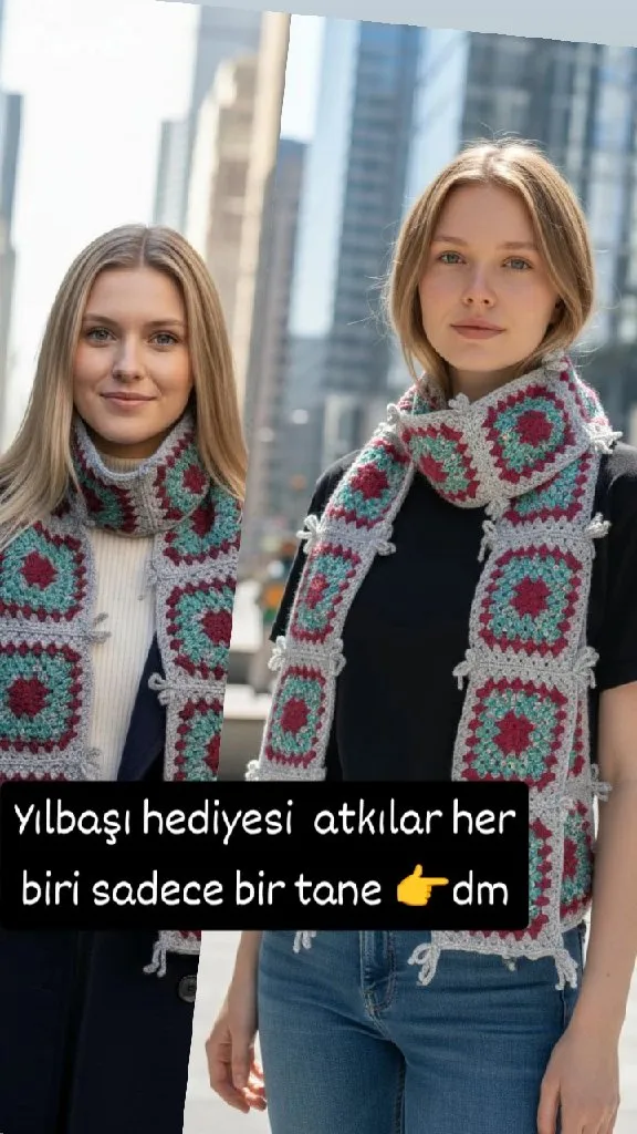 Motifli Örgü Atkı - Gri, Pembe ve Turkuaz Renkli Özel Tasarım