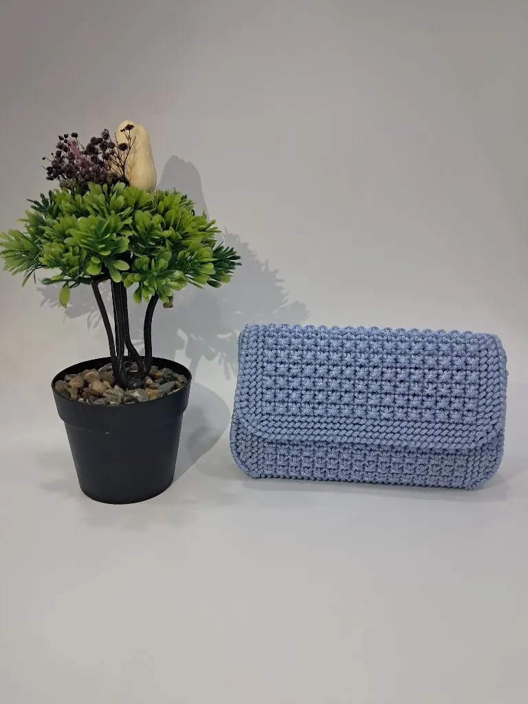 Açık Mavi Örgü Telefon Cüzdan Çantası - El Yapımı