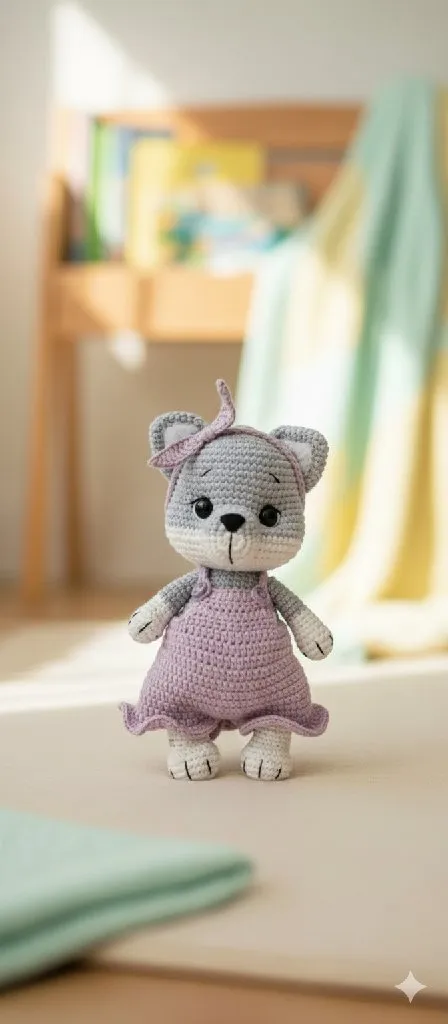 Pembe Tulumlu Örgü Oyuncak Kedi - 25 cm Organik Bebek Oyuncak