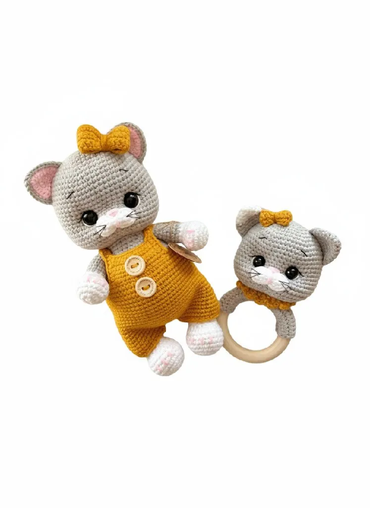 Örgü Kedi Bebek Oyuncak Tulumlu Çıngırak 2'li Set - El Emeği