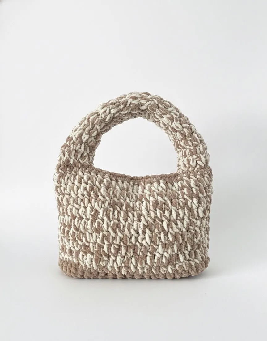 Kahverengi - Krem Kadife Örgü Omuz Çantası - El Yapımı