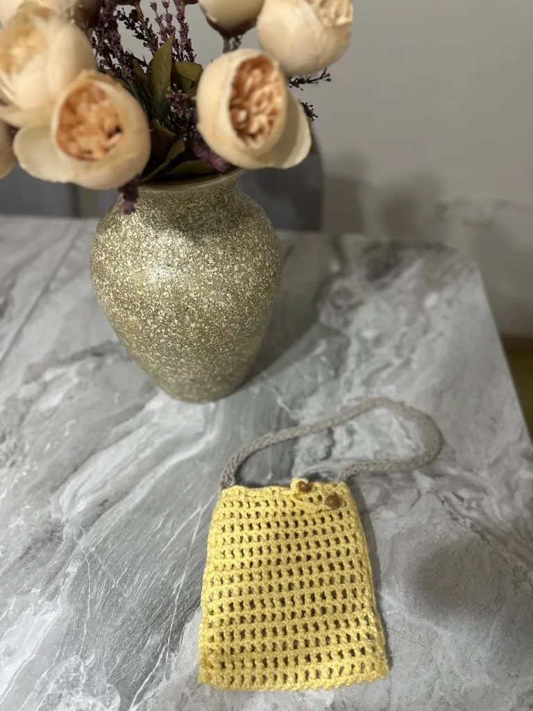 Sarı Makrome Örgü Mini Çanta - Telefon ve Cüzdan İçin İdeal