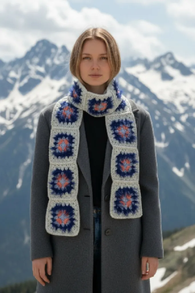 Kare Motifli Mavi, Krem, Turuncu Örgü Atkı - El Emeği