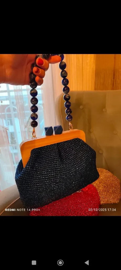 Lacivert Makrome İp Örgü Boncuk Saplı Ahşap Detaylı Kadın Çanta