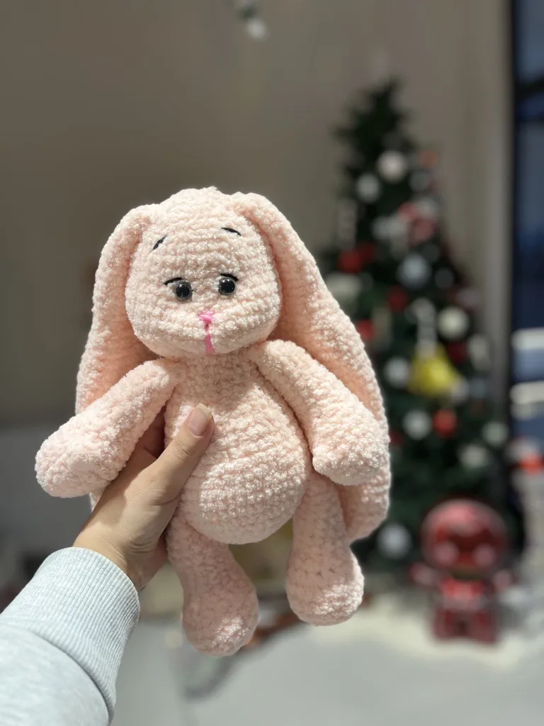 Pembe Örgü Uzun Kulaklı Tavşan Oyuncak Bebek - El Emeği