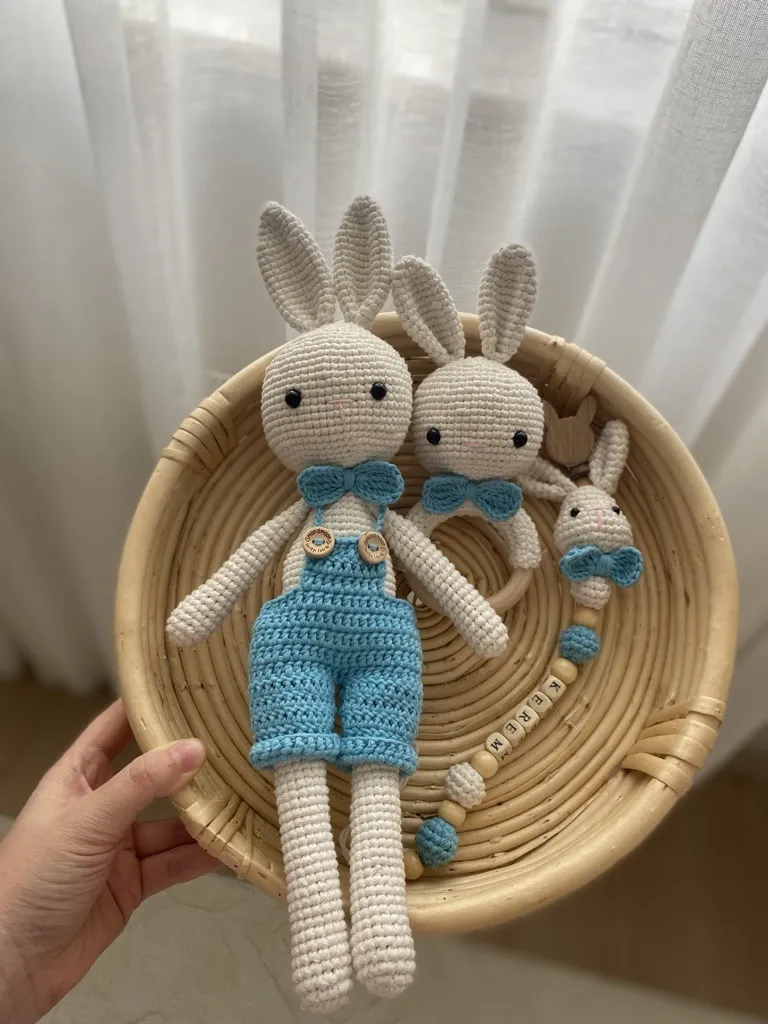 Amigurumi Tavşan Bebek Oyuncak Seti - Uyku Arkadaşı ve Diş Kaşıyıcı