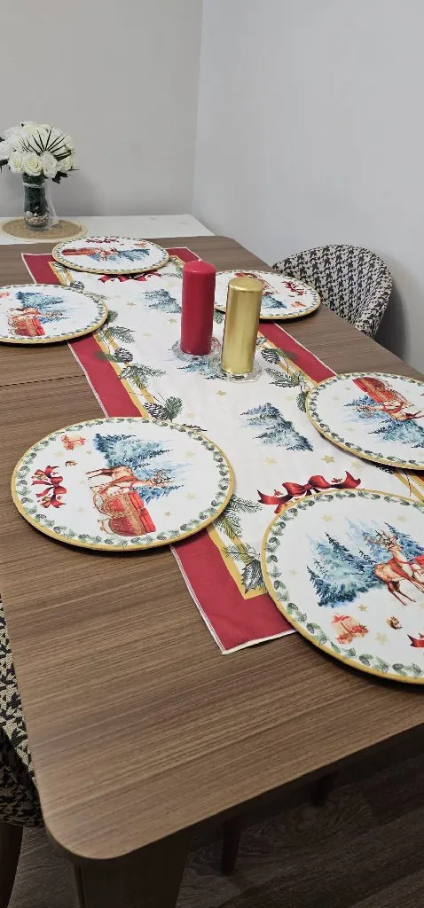 Yılbaşı Temalı 6 Lastikli Supla 6 Ahşap Supla 50x140 Runner Seti Masa Dekorasyon Takımı