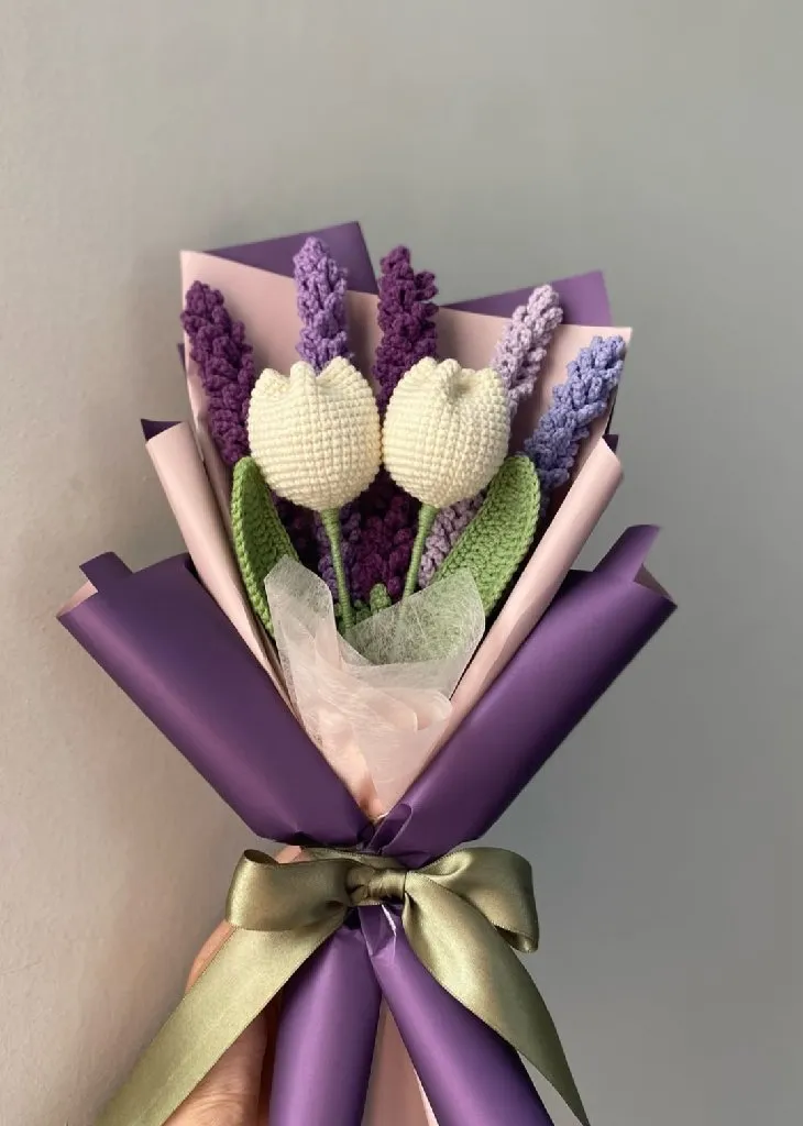 Örme Mor Buket - Lale ve Lavanta Tasarımı, Özel Gün Hediyesi