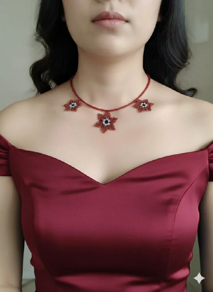 Bordo Boncuklu Yıldız Motifli Otantik Mandala Kolye - El Yapımı