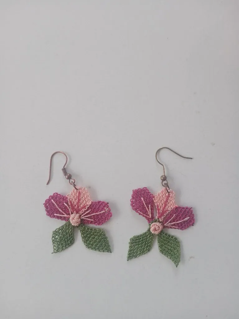 Handmade İğne Oyası Oya Sanatı Sallantılı Çiçek Küpe Aksesuar