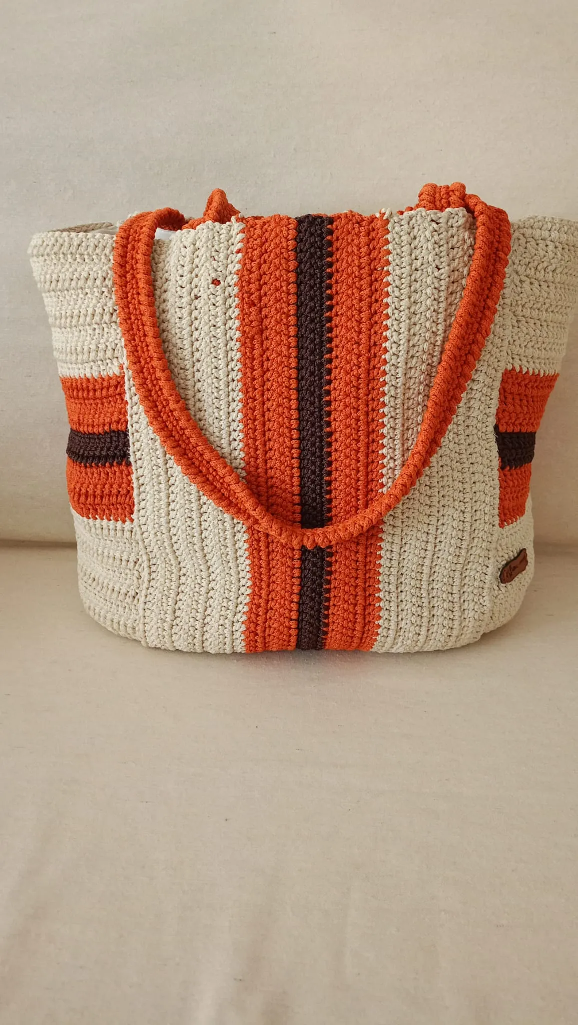 Örme Kahve Turuncu Çizgili Omuz Çantası - El Emeği