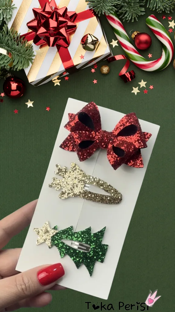 Simli Yeni Yıl Temalı Toka Seti - Fiyonk, Geyik ve Çam Ağacı