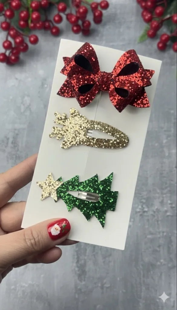 Simli Yeni Yıl Temalı Toka Seti - Fiyonk, Geyik ve Çam Ağacı