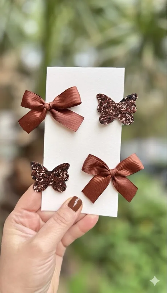 Kurdela Fiyonk Toka Seti | Kahve Tonları 4 Adet Klips Toka | 3 cm Metal