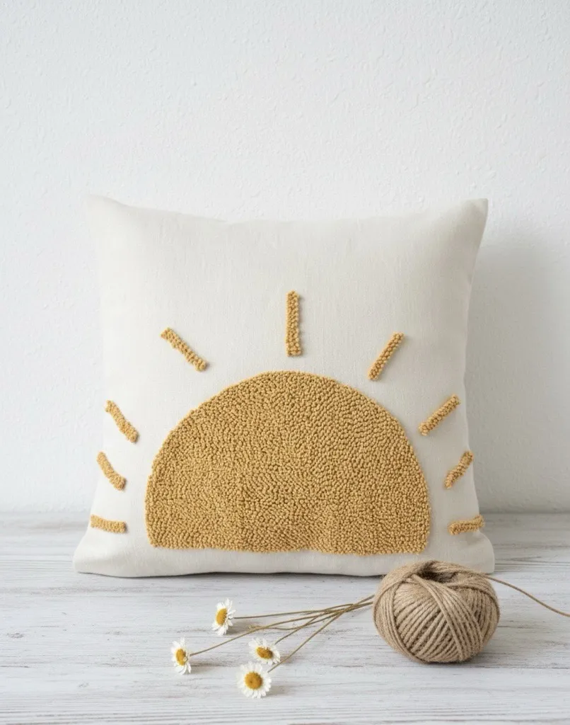 Güneş Desenli Punch Nakışlı Yastık Kılıfı - Duck Keten 40x40