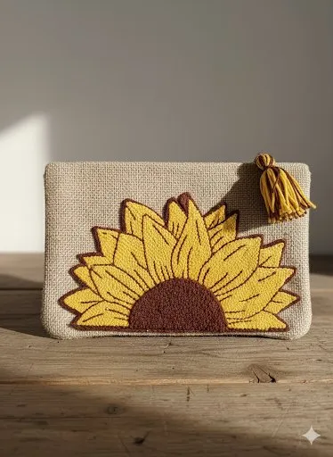 Jüt Kumaş Ayçiçeği Desenli El İşi Çanta Makyaj ve Seyahat Çantası