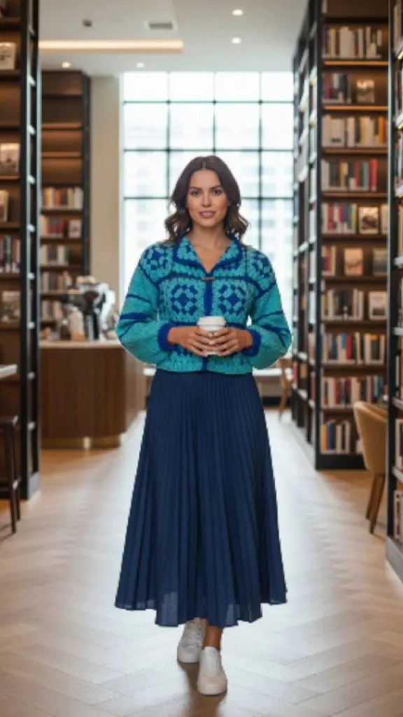 Turkuaz ve Saks Mavi Desenli Crop Hırka - Moher İpinden El Örmesi