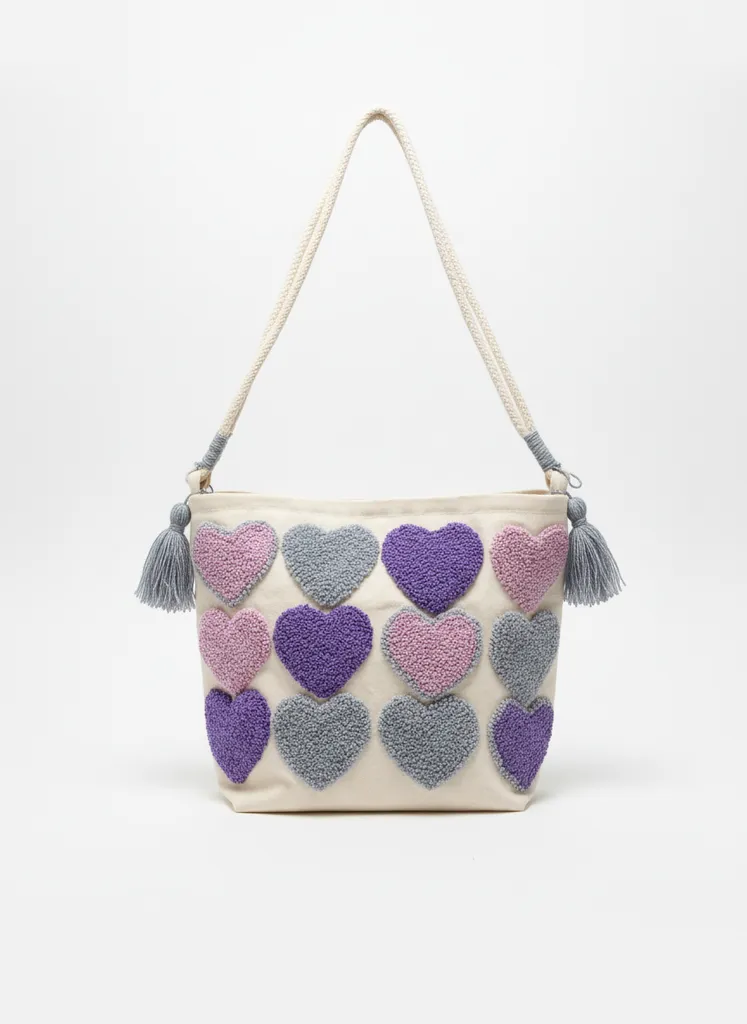 Krem Renkli Kalpli Kanvas Omuz Çantası - El Yapımı Punch Nakışı