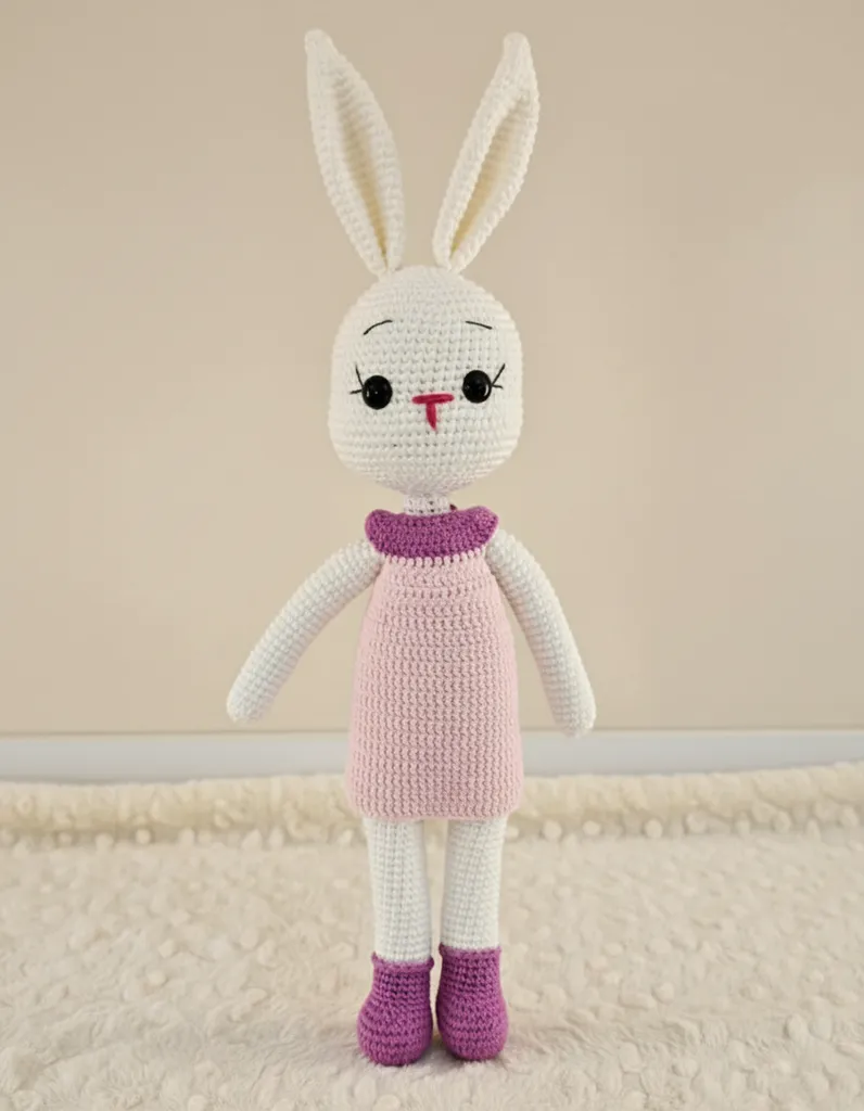 Örgü Tavşan Amigurumi Oyuncak Bebek - Pembe Elbise ve Mor Patikler
