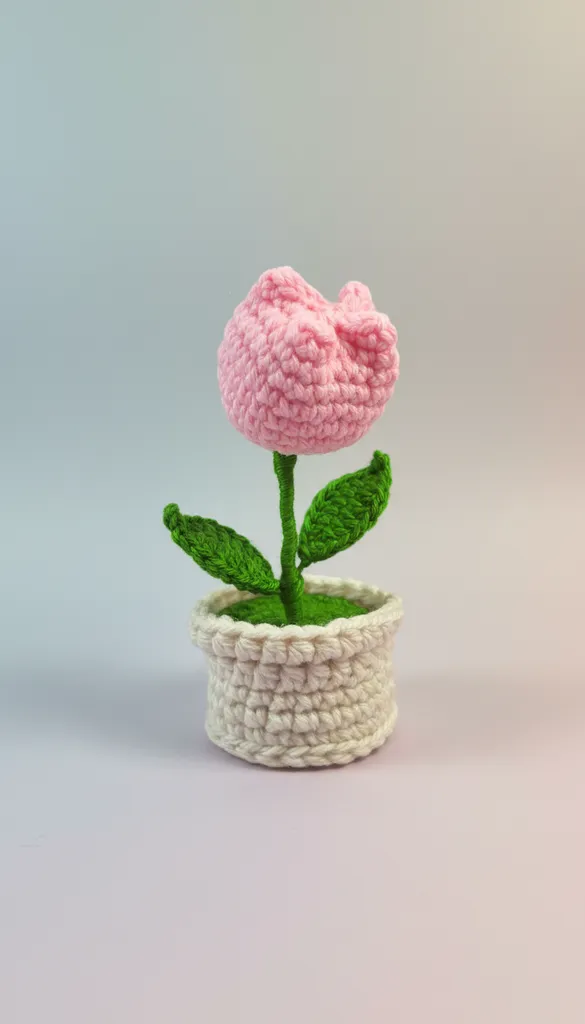 Pembe Örgü Lale Çiçeği ve Beyaz Saksı - Dekoratif El Emeği
