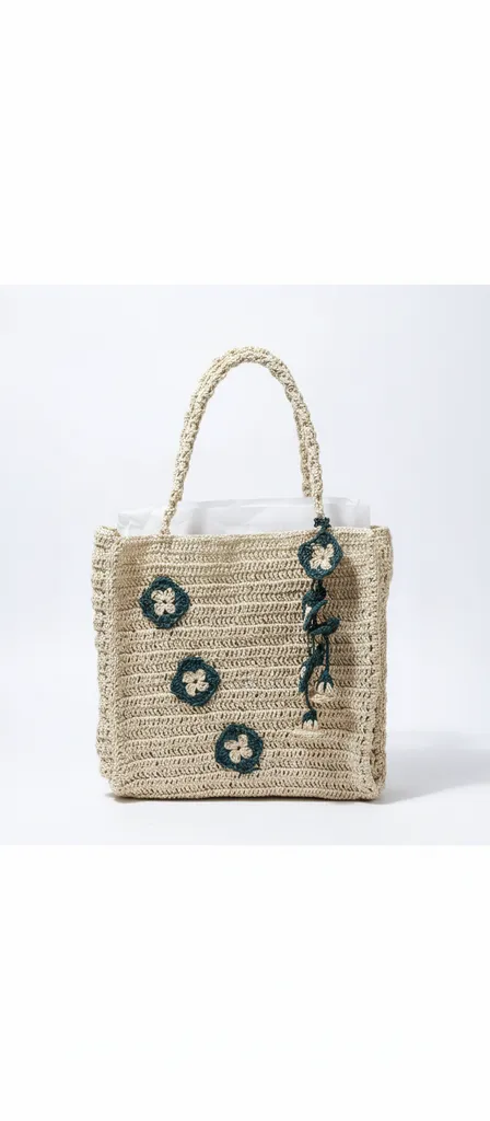 Kağıt İpten Omuz Askılı Çiçek Motifli Büyük Bayan Çantası