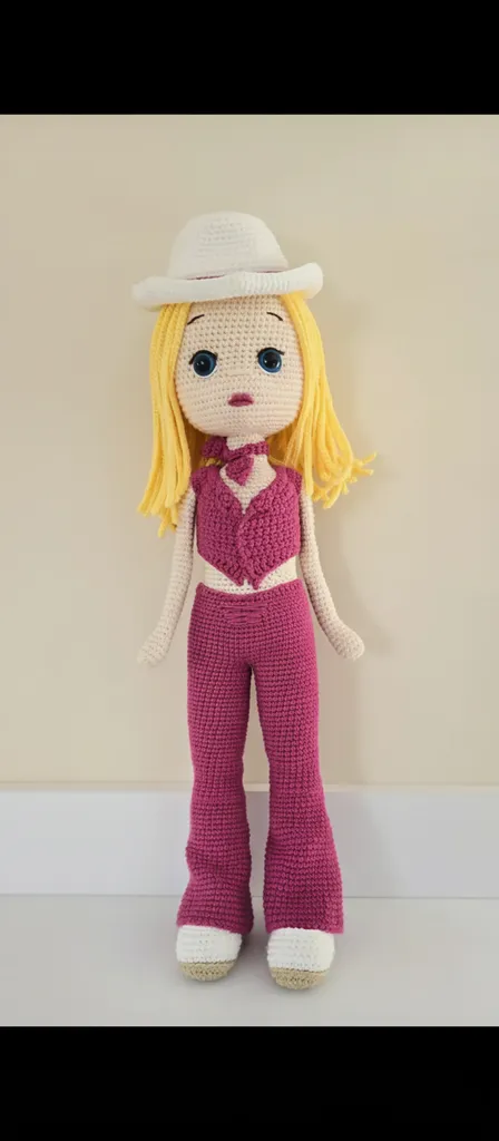Amigurumi Cowboy Barbie Doll - Pink Overalls and Hat - Handmade
