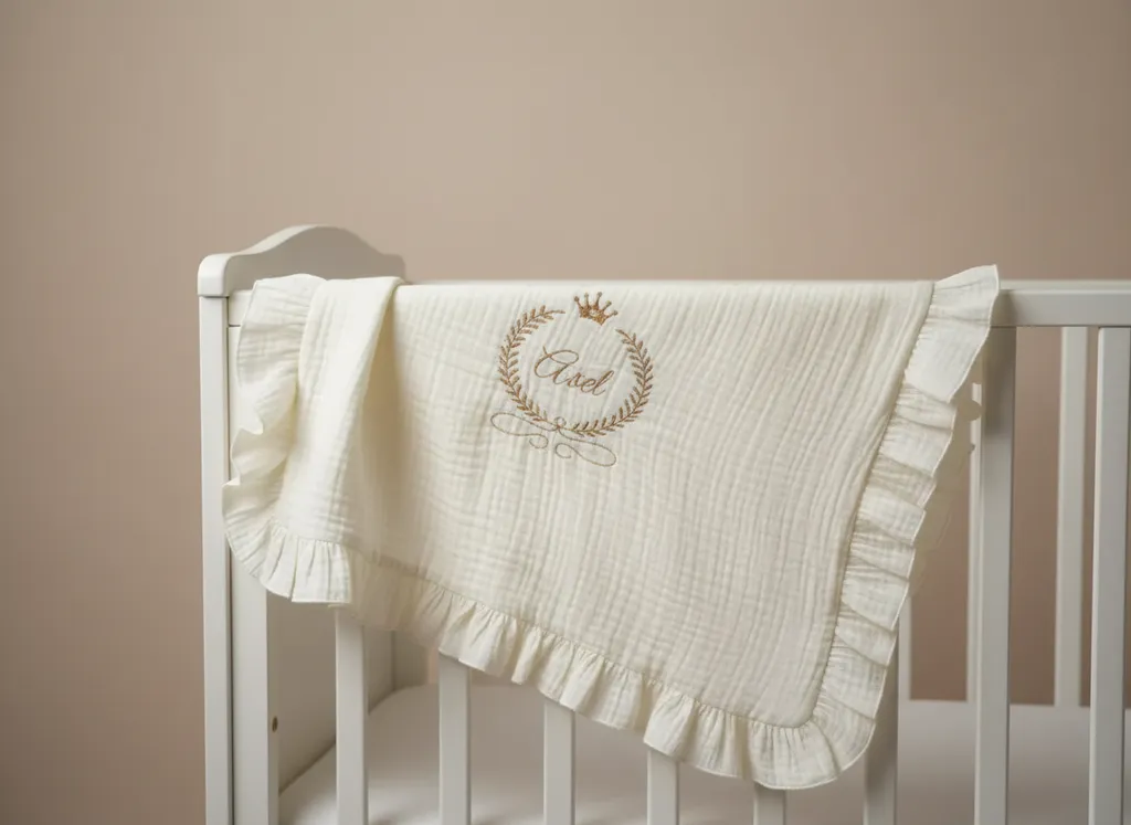 Müslin Bebek Battaniyesi - Nakışlı, İsimli, Fırfırlı (105x115 cm)