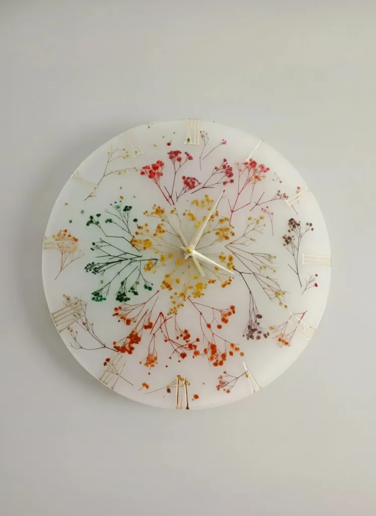 Dried Flower Detailed Transparent Epoxy Wall Clock - 38 cm, Gold Numerals