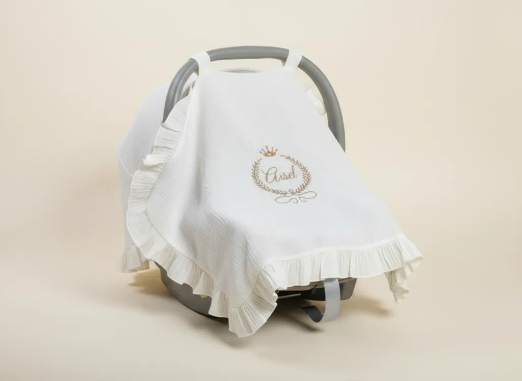 Nakışlı ve Fırfırlı Müslin Puset Örtüsü - 80x110 cm