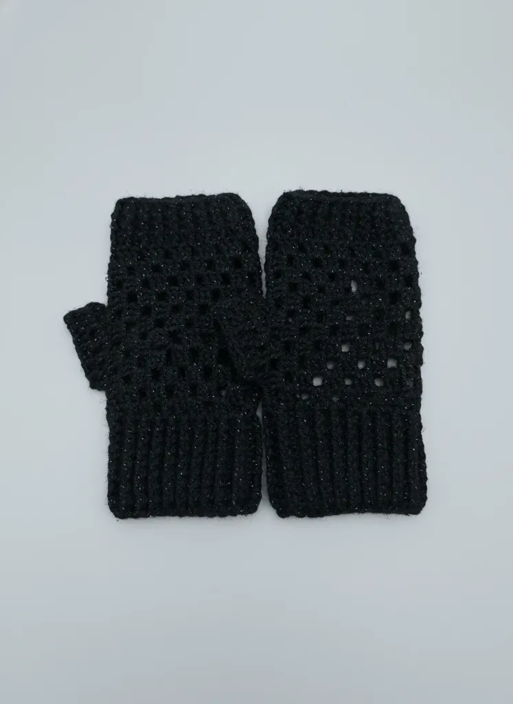 Siyah Simli Örgü Eldiven - Parmaksız, Yün İplikten El Emeği