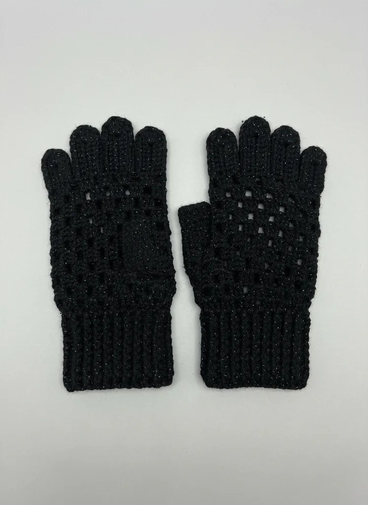 Siyah Simli Yün Örgü Parmaksız Eldiven - El Emeği
