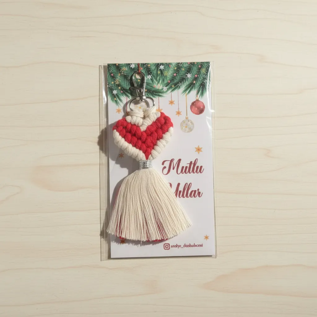 Makrome Yılbaşı Anahtarlık - Kırmızı Beyaz Kalp Desenli El Yapımı