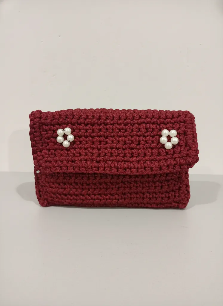 Bordo Örgü Portföy Çanta - İnci Detaylı, El Emeği Özel Tasarım