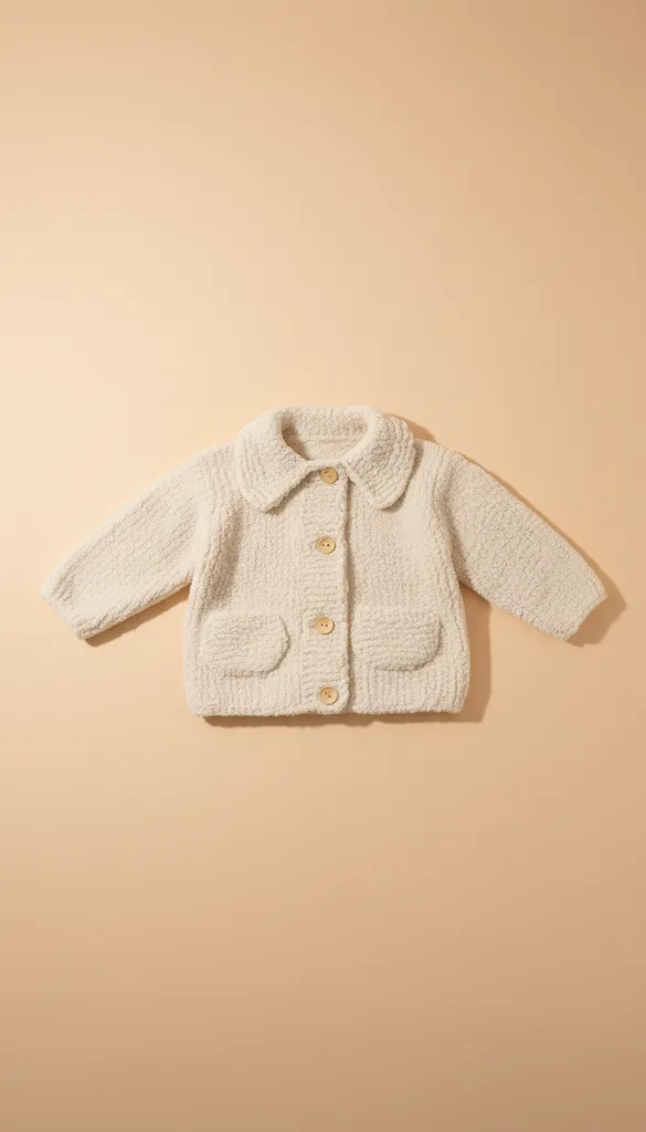 Krem Rengi Bebek Hırkası - Pufy Dokulu, El Örgüsü, Ahşap Düğmeli