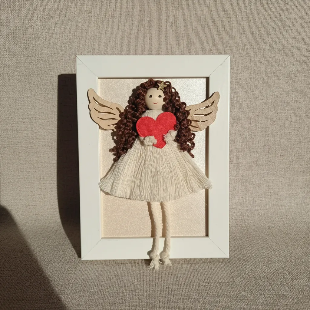 Beyaz Çerçeveli Melek Figürlü Duvar Dekoru - El Yapımı Hediye