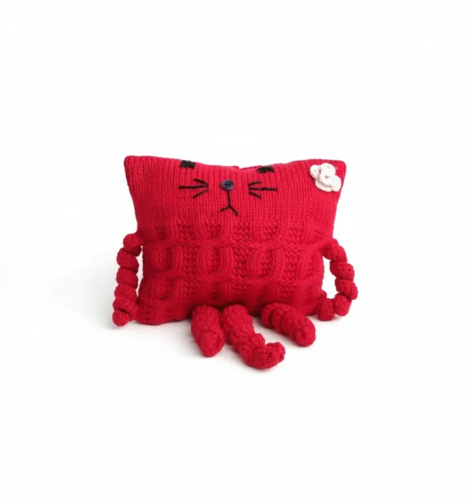 Kırmızı Örgü Kedi Yastık - Dekoratif Çocuk Odası Aksesuarı