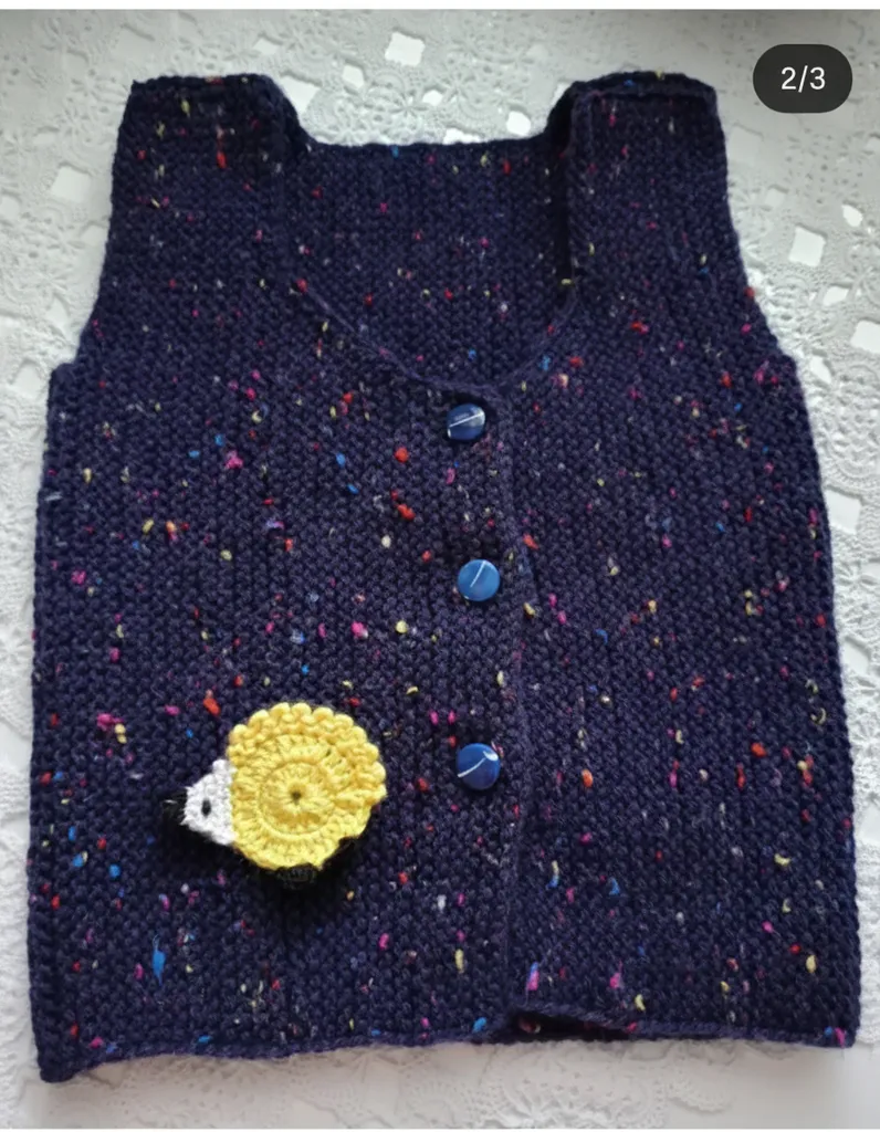 Navy Blue Knitted Baby Vest - Hedgehog Motif, Buttoned, 1-2 Years