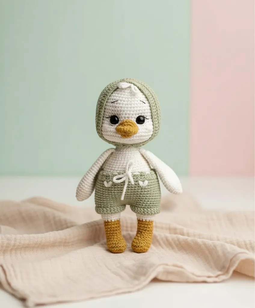 Yeşil Tulumlu Amigurumi Ördek Bebek Oyuncak - El Yapımı