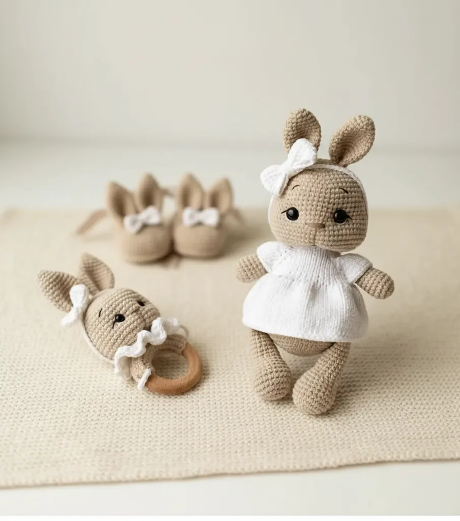 Amigurumi Tavşan Oyuncak ve Çıngırak Seti - Organik Pamuk El Emeği