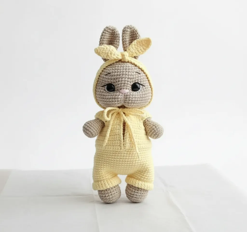 Sarı Tulumlu Amigurumi Tavşan Oyuncak ve Çıngırak Seti - El Emeği