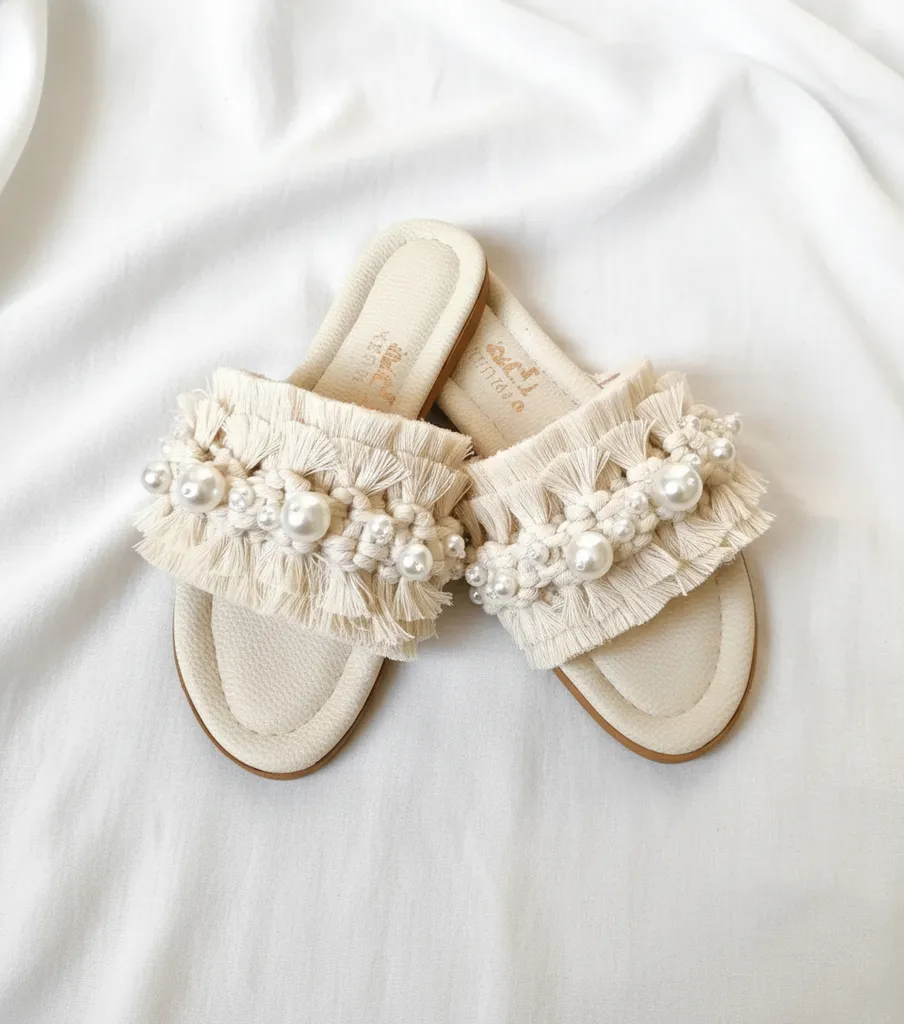 Krem Rengi İncili Makrome Terlik - Şık ve Zarif Tasarım, 39 Numara