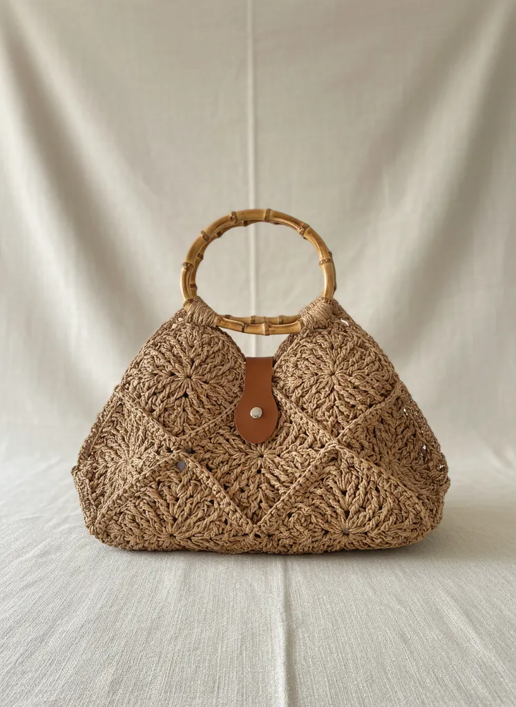 Woven Mosaic Pattern Shoulder Bag with Bamboo Handle - Handmade