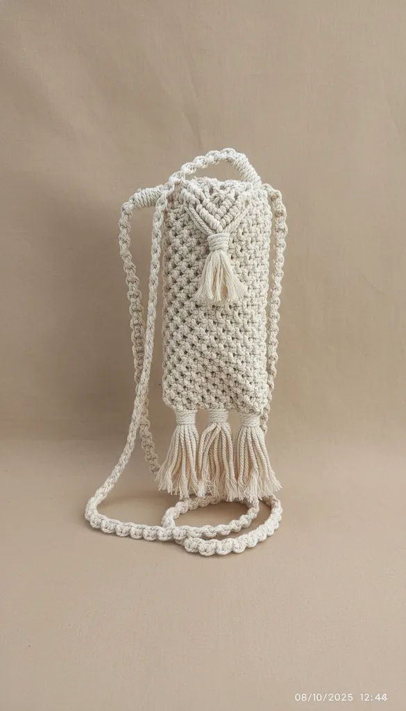 Ekru Makrome Örgü Omuz Askılı Telefon Çantası - El Yapımı