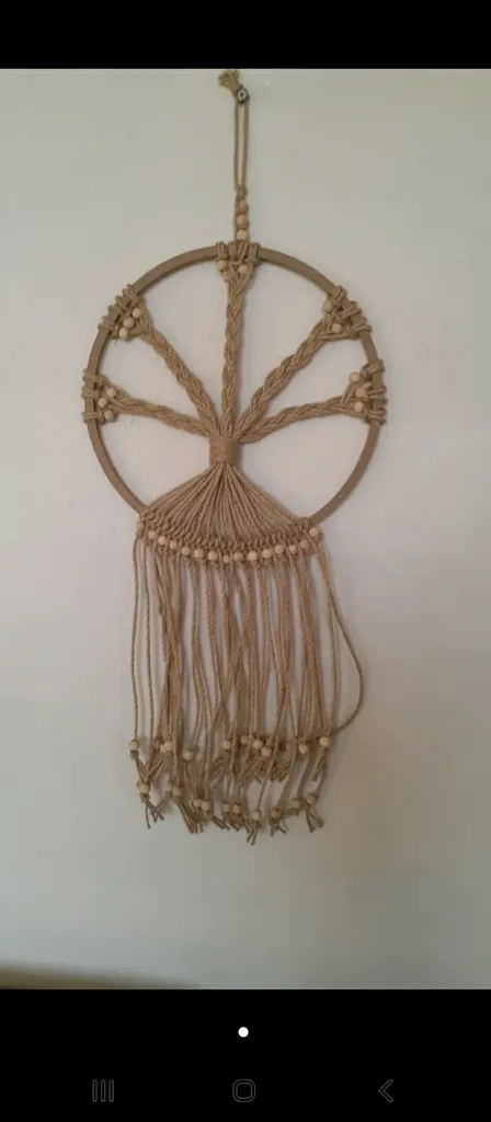 Jute Rope and Wooden Bead Tree Figure Decorative Wall Ornament
