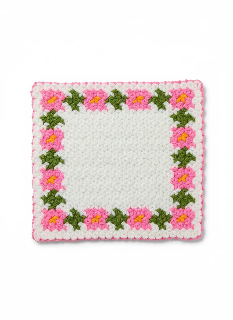 Pembe Çiçek Desenli Beyaz Lif - 29x27 Cm Banyo Lifi - El Emeği