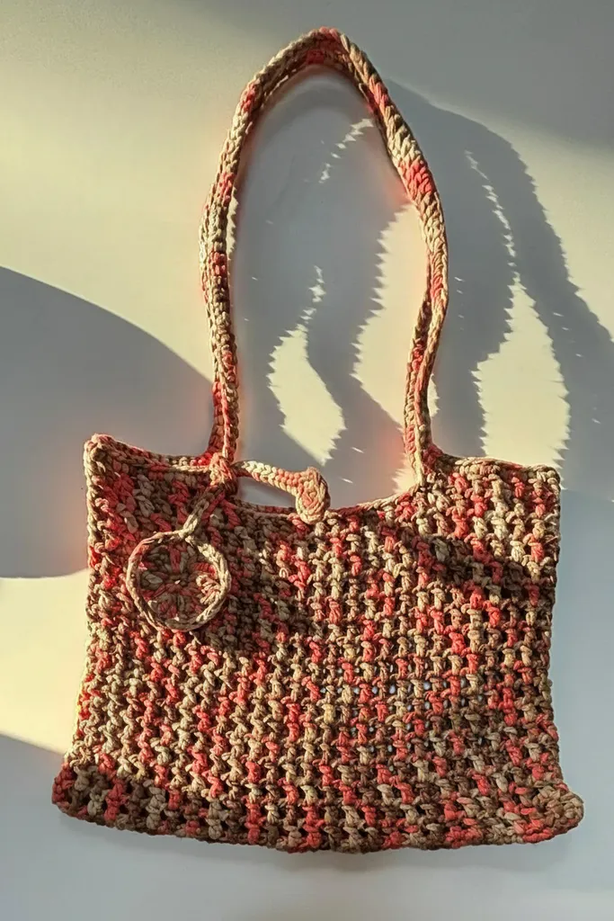 Pembe Kahverengi Tonlarında Penye İpten Örme File Çanta - El Emeği