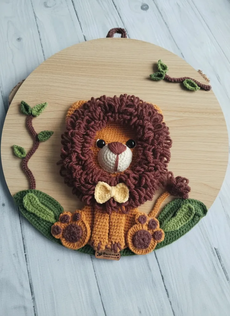 Ahşap Zemin Üzerinde Örme Aslan Kapı Süsü - El Yapımı 30 cm