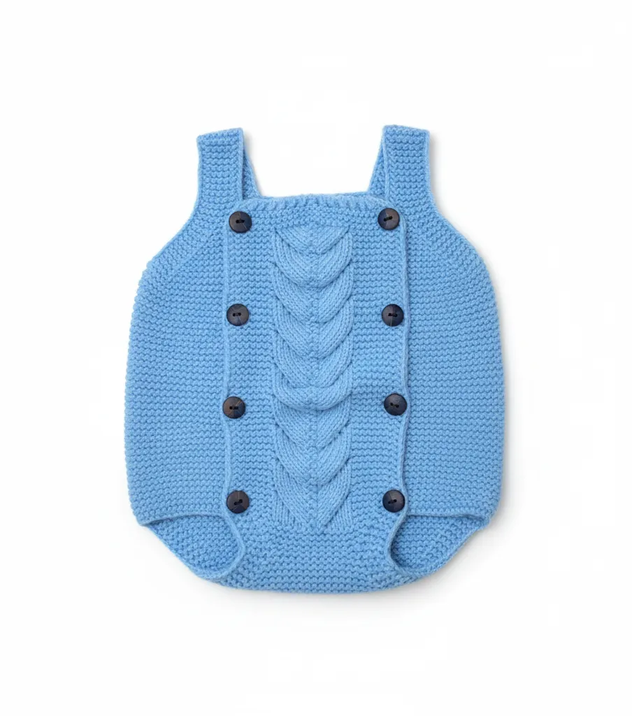 Mavi Bebek Tulum - Düğmeli, Örgü Desenli, El Örgüsü